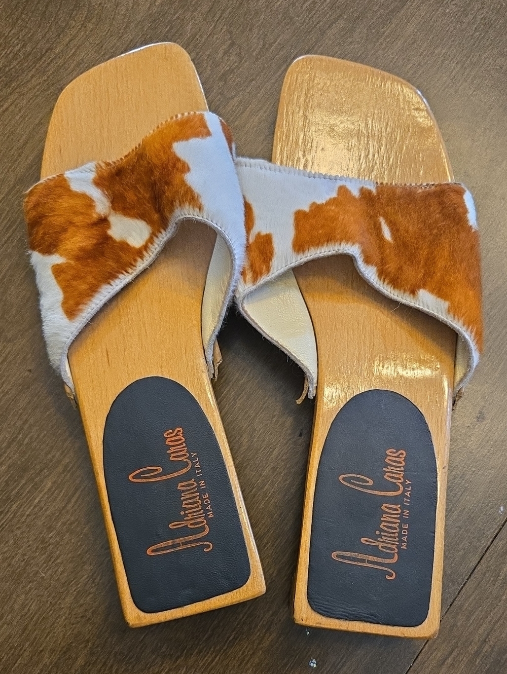 Adriana Caras Brown & White Cowhide Slide Sandals
